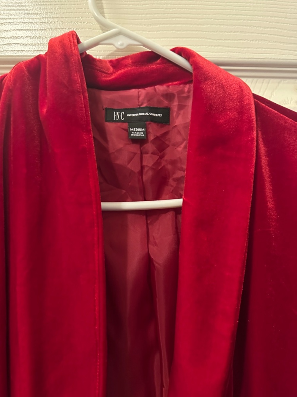 INC International Concepts Vibrant Red Velvet Shawl-Collar Blazer